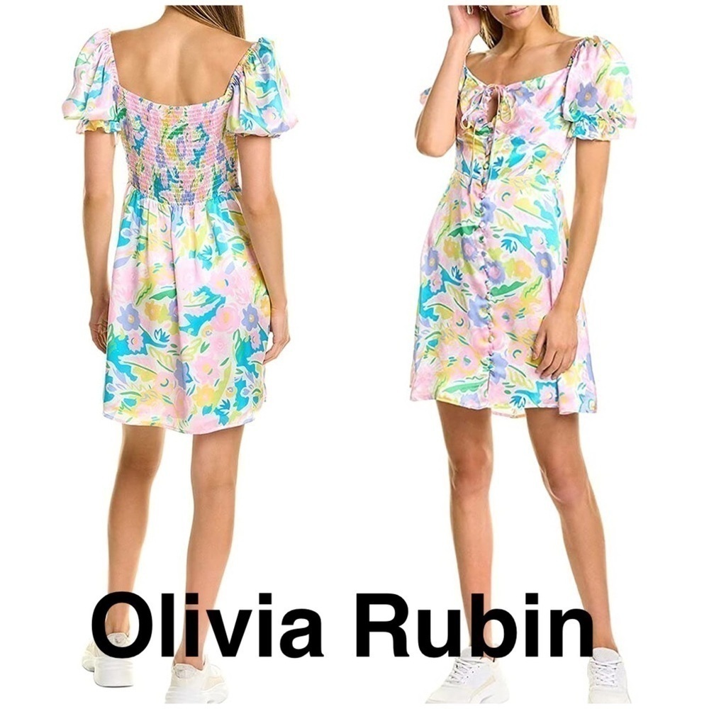 NEW Olivia Rubin Posy Silk Mini Dress lace up puff sleeves neon floral